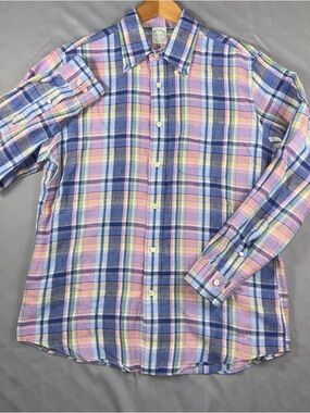 Brooks Brothers Shirt Mens Large Multicolor Plaid Irish Linen Long Sleeve Casual
